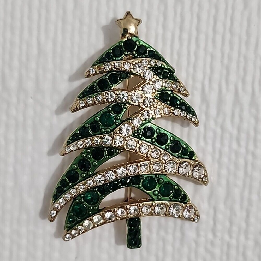 Charter Club American Modernist Brooch Gold-Tone Rhinestone Christmas Tree Vtg